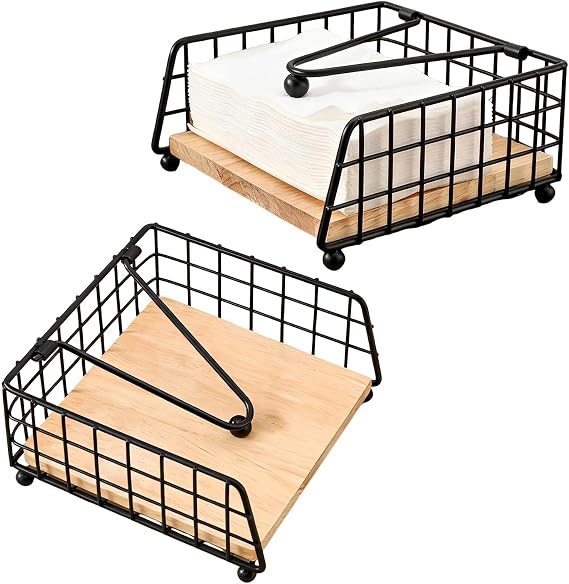 2 Pcs Black Napkin Holder for Tables, Metal Serviette Holder with Weighted Bar, Square Paper Napkin Dispenser with Wooden Base for Kitchen Dining Restaurant Wedding Party Picnic