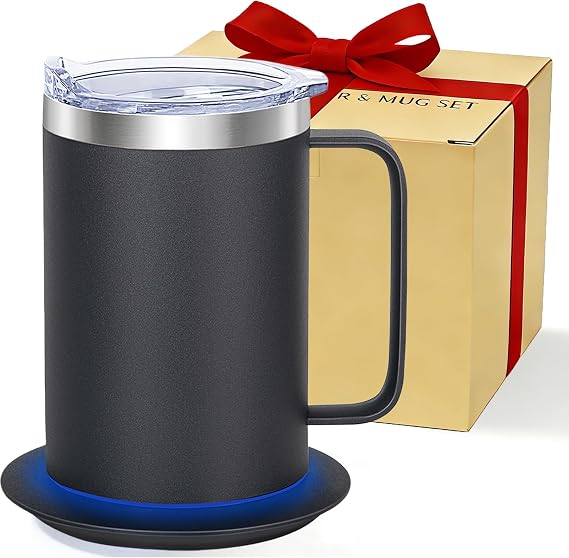 Coffee Warmer Mug Set for Desk, Self Heating Coffee Cup with Lid, USB Electric Coffee Mug with Temperature Control(Black-14oz)
