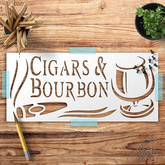Cigars and Bourbon Stencil Reusable Sturdy Flexible Clear Plastic 1-5x11 in Arts and Crafts Material Scrapbooking for Airbrush Painting Drawing