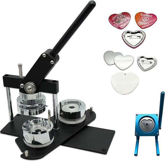 ChiButtons (KIT) Heart 53x57.5mm Pro Badge Machine Button Maker-B400 + Mould + 100 Parts + Blue Stand Cutter Metric System (Black)