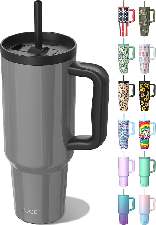 TILUCK 40 oz Tumbler with Handle, Vacuum Insulated Stainless Steel Travel Mug with 100% Leak-Proof Silicone Straw Lid, Cupholder Friendly Water Bottle