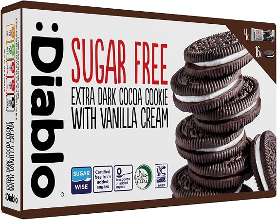 Diablo Sugar Free Sandwich Cookies – Extra Dark Cocoa Cookie with Vanilla Cream, Sugar Free Snacks, Maltitol-Sweetened for Everyday Enjoyment, Sweet Treats For All, 176g 1 Pack
