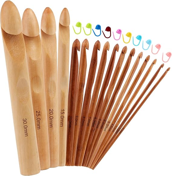 Dercuy 16 Pcs Wooden Crochet Hooks, 3 to 30 mm Diameters Crochet Hook Set