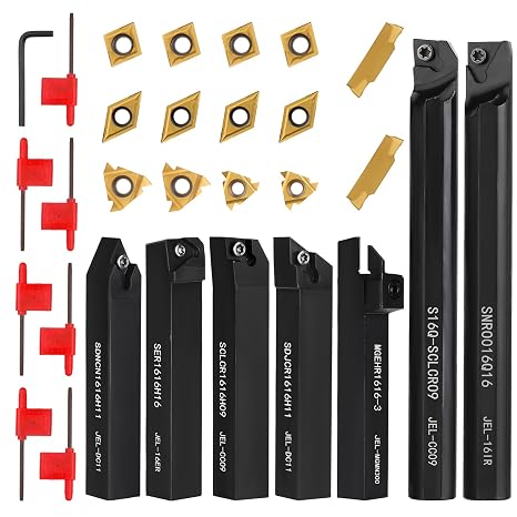 Indexable Lathe Turning Tool 5/8" 16mm Shank 21PCS Kit-7PCS Metal Lathe Tools Holder 14PCS Carbide Insert for Turning Boring Grooving Cutting Threading