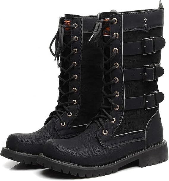 Men Motorcycle High Top Long Boots Microfiber Leather with Side Buckle Lace Up Keep Warm Military Tactical Combat Outdoors Round Toe Black Backpacking Shoes Strong Outsole Wear-Resistant Footwears