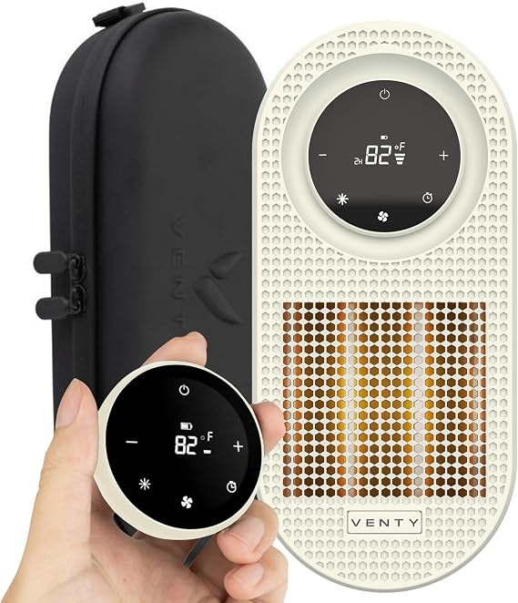 Venty CozyPod Portable Plug-In Heater 500W with Case | Space Heater for Small Rooms | Quiet Portable Heater with LED Display & Remote Control | Small Space Heater | Black & White