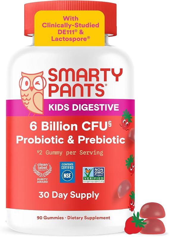 SmartyPants Kids Probiotic & Prebiotic Gummies for Digestive Health: Gut Health Supplement, Clinically Studied Prebiotic for Immune Support, Strawberry, 60 Count (30 Day Supply)