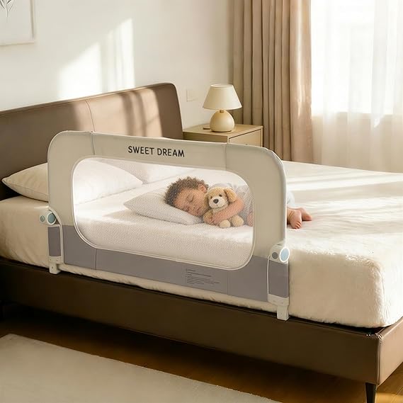 Bed Rail for Toddlers, 32in Folding Toddler Bed Rail Guard with Reinforced Anchor System & Sturdy Metal Frame, Portable Bed Railing for Baby Fits Crib,Twin, Queen & King Bed, Breathable Mesh
