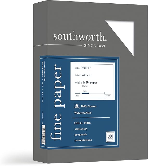 Southworth Company, Agawam, MA 14C Business Paper, Cotton, 24 lb., 8-1/2-Inch x11-Inch, 500/BX, White