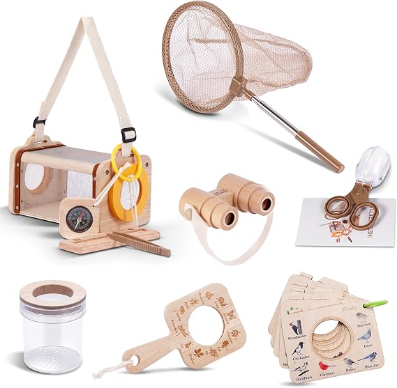 Bug Catcher Kit for Kids,11 PCS Wooden Bug Catching Kit with Butterfly Net,Magnifying Glass,Bug Habitat,Binoculars,Compass,Kids Explorer Kit for Backyard & Camping,Fun Gift for Girls Boys (11PCS)
