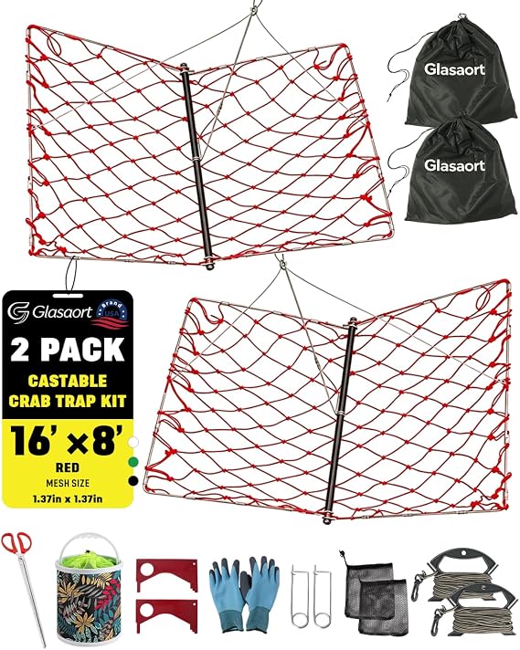 2 Pack Castable Crab Trap Kit, Foldable Crab Trap with Rope Bait Clip