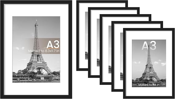 upsimples A3 Picture Frame Set of 6, Display Pictures 8.3x11.7 with Mat or 11.7x16.5 Without, Wall Gallery Poster Frames, Black
