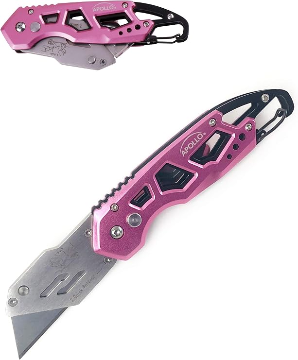 Apollo Tools Foldable Utility Knife with Lightweight Steel Construction, Carabiner Clip, Quick Blade Change Technology, Lock Feature. Accommodates Standard Blades - Pink Ribbon - Pink - DT5017P