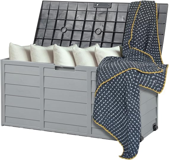 VINGLI 75 Gallon Outdoor Storage Box with Wheels (Grey body, Black Lib)