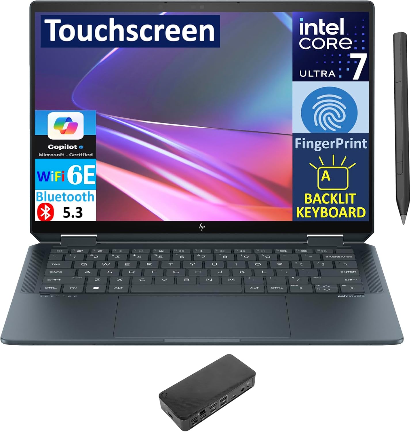 HP Spectre x360 AI Powered 2-in-1 Laptop 14.0 Touchscreen OLED 2.8K Display Intel Ultra 7-155H, 32GB LPDDR5X, 4TB PCIe SSD, Active Pen, Backlit KB, Fingerprint, Win 11 Pro wUSB-C Dock