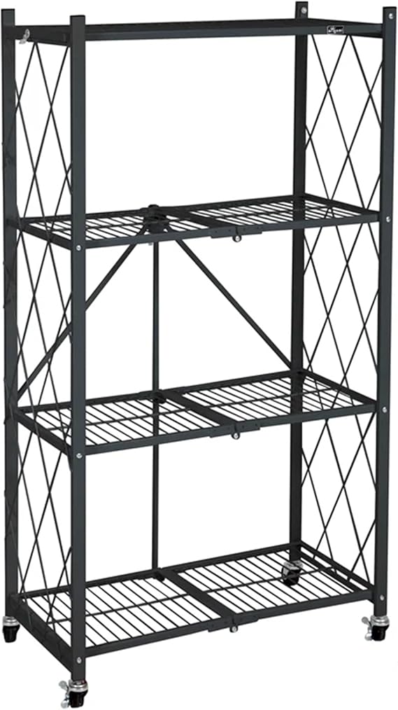 Origami 4-Tier Folding Storage Shelves, Kitchen and Garage Shelf Rack with Wheels, Black