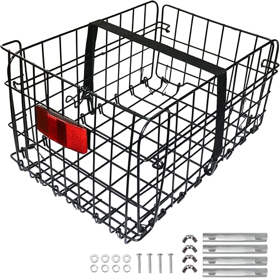 Folding Rear Bike Basket, Huntoshon Quickly Release Metal Bicycle Rack Cargo Basket with Strap & Reflective Tail Light for Most Mounted Bike Rack
