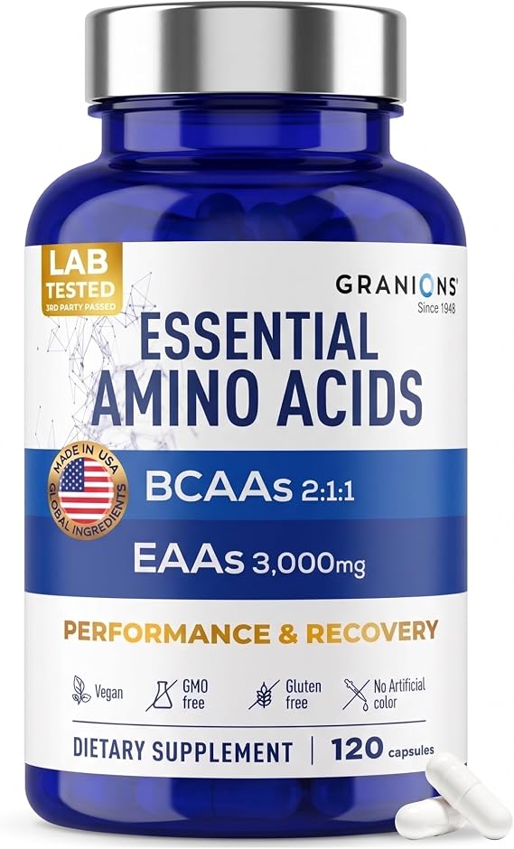 Essential Amino Acids Supplement for Men & Women - All 9 BCAAs EAA Supplements - Leucine Amino Acid, Lysine, Tryptophan, Advanced Amino Complex for Energy & Muscle Recovery - 120 Vegan BCAA Capsules