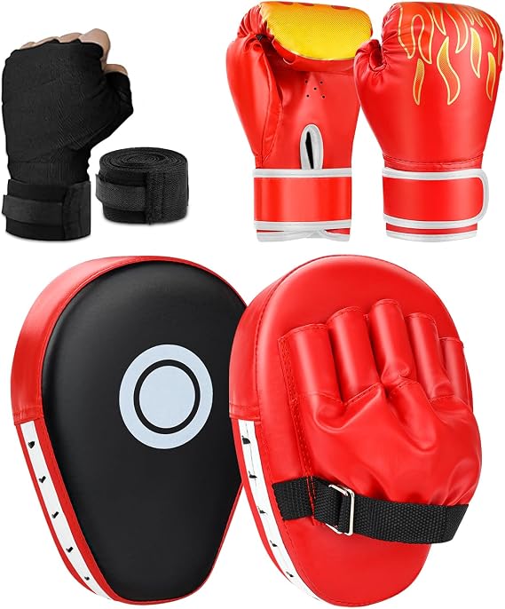3-in-1 Boxing Gloves and Punching Mitts Set for Kids Youth, Kids Boxing Gloves Curved Punching Pads with Hand Wraps, Focus Mitts Boxing Equipment Set for Boxing Training MMA Karate Muay Thai Taekwondo