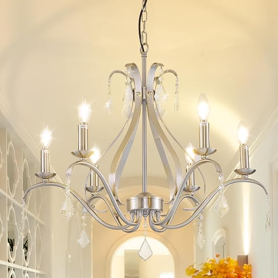 Silver Dining Room Light Fixture/Chandelier Over Table,6-Light Farmhouse Crystal Candle Chandelier, 24" Rustic Kitchen Island Lighting, High Ceiling Hanging Chandelier,for Bedroom,Foyer,Entryway