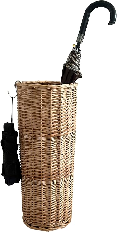 Natural Rattan Umbrella Stand for Entryway, 21.2H x 9.4L x 9.4W, Detachable Drip Tray & 2 Metal Hooks Storage for Umbrellas, Canes & Walking Sticks, Stylish Home Decor | Detachable Drip Tray, 2 Metal Hooks, Storage for Umbrellas, Canes & Walking Sticks, Stylish Home Decor