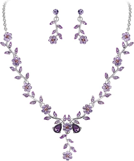 Women's Wedding Jewelry Set for Bride,Prom Bridal Accessories | Bling Crystal,Flower Leaf Cluster,Dangle Earrings Pendant Necklace Set,for Bridesmaid,Party Jewellery