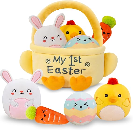 TOYSYM My First Easter Basket Stuffed Playset 5PCS Plush Bunny Chick Carrot Egg Gift for Easter