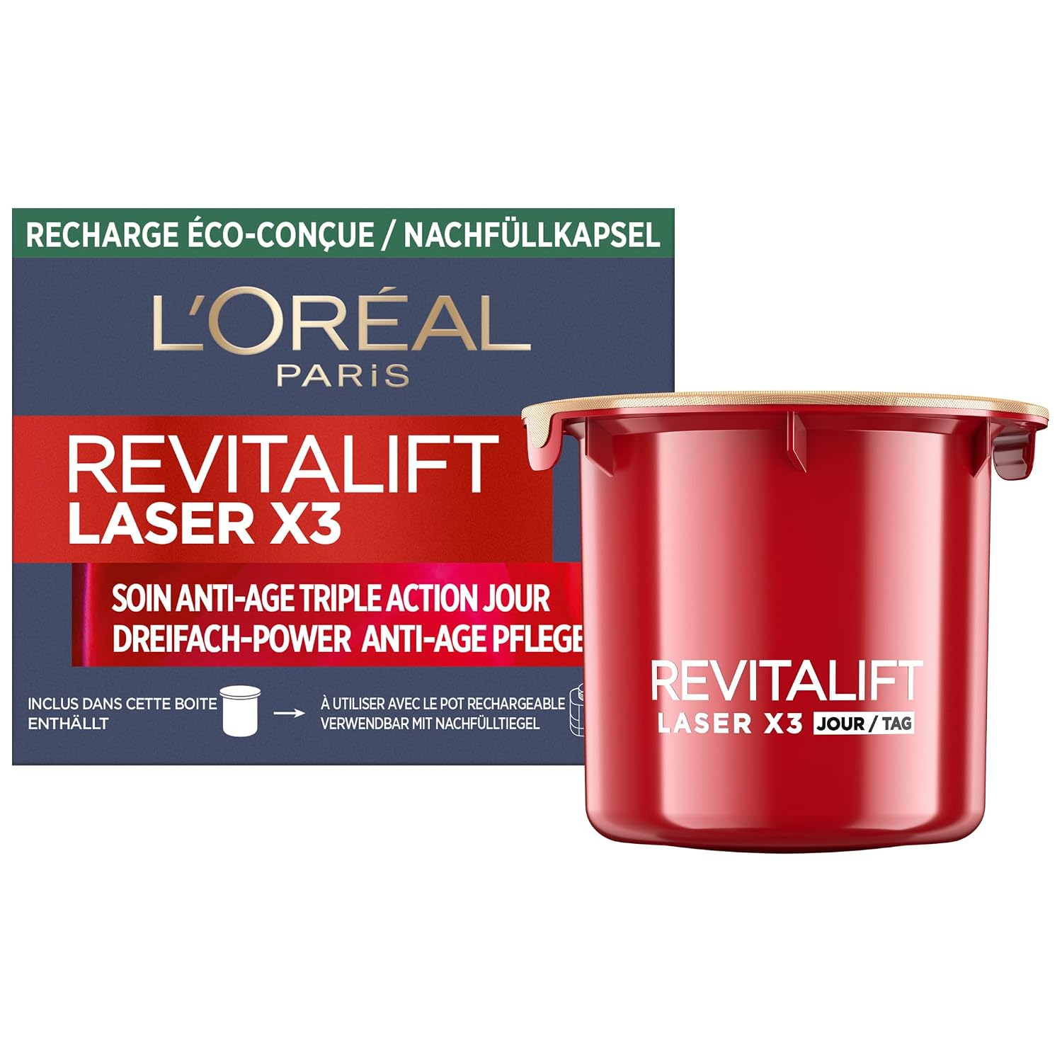 LOreal Paris Anti-Age Day Cream Refill Capsule Cream Reduces Wrinkles & Tightens Skin with Pro-Retinol Hyaluronic Acid and Vitamin C RevitaLift Laser X3 1 x Refill Capsule 50 ml