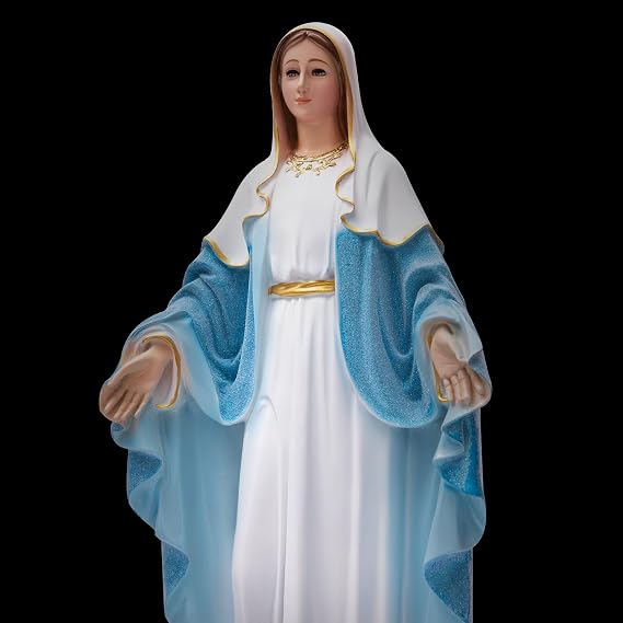 19 Inch Virgin Mary Statue Our Lady of Grace, Hand-Painted Catholic Mary Figurine with Pearlized Blue Garment for Prayer Room, Home Altar & Religious Gift