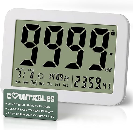 9999 Days Count Up & Countdown Clock - Reusable Digital LCD Timer with Large Display - Visual Timer & Calendar for Retirement, Wedding, Birthday, Holiday & More (White)