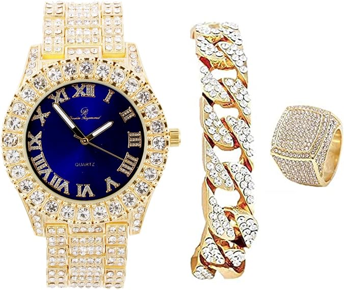 Charles Raymond Mens Big Rocks Bezel - Dial with Roman Numerals Fully Iced Out Watch w/Cuban Chain Bracelet & Ring - ST10327 3pc Set