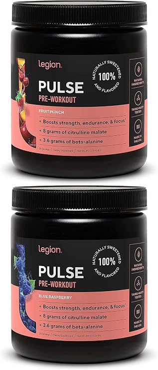 LEGION Pulse Pre Workout Supplement - All Natural Nitric Oxide Preworkout Drink to Boost Energy, Creatine Free, Naturally Sweetened, Beta Alanine, Citrulline, Alpha GPC (Fruit Punch & Blue Raspberry)
