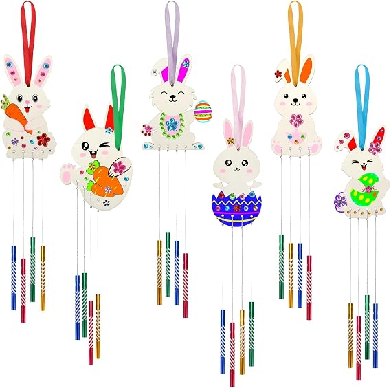 6 Pack Easter Bunny Wind Chime Kit, Wooden Art Craft Supplies Painting