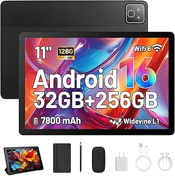 Tablet 11 inch Tablets Android 16, 32GB RAM 256GB ROM 1TB TF Expand, 5MP+8MP Camera, 5G WiFi 6, Bluetooth5.0, 7800mAh, Android Tablet with Keyboard, Stylus, Mouse, Earphone, Case Black