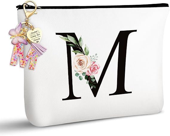 TUZELIYA Personalised Letter M Cosmetic Bag - Gifts for Women - Birthday Gifts for Women Girls Mothers Best Friends and Bridesmaids - Keyring Letter