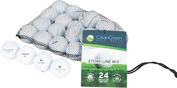 Clean Green Golf Balls 24 Store Line Recycled Golf Balls Mix - Includes Used Golf Balls Bulk and Mesh Reusable Bag - Recycled & Used Golf Balls for Men and Women