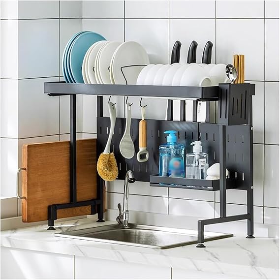 Over The Sink Dish Drying Rack Adjustable Height, 2 Tier Stainless Steel Large Kitchen Dish Drainers for Home Counter Storage, Above Sink Non-Slip Shelves Organizer, Black