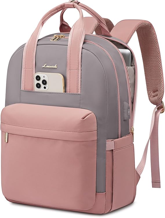 LOVEVOOK Backpack Womens, Fashion Laptop Rucksack Bag for Ladies, Waterproof Daypacks for Teacher Nurse, School Bags with USB Port for University Work Travel, Grey+pink, 15.6inch