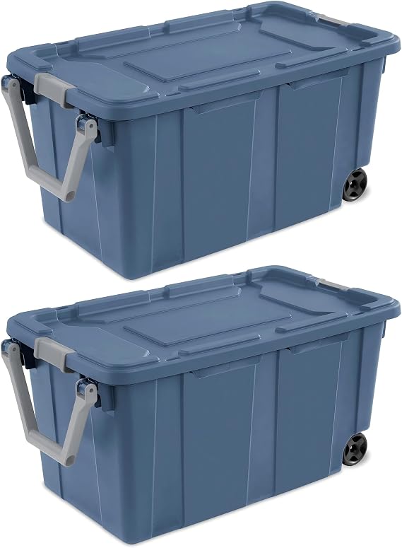 40-gallon wheeled industrial storage bins 2 count, rugged plastic latch lid storage totes, blue wheeled bulk storage bins