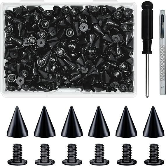 200 Sets 9.5mm Cone Spikes Metal Tree Spikes Screwback Studs for DIY Leathercraft Decoration Punk Rock Style Clothing Accessories (Black)