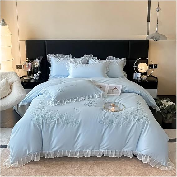 Princess Style Korean Pink Cotton Brushed Lace Ruffles Flowers Embroidery Bedding Set Duvet Cover Set Bed Sheet Pillowcases,Bed