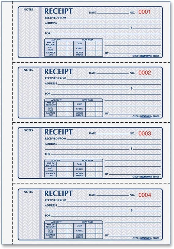 Rediform Money Receipt Book, Manifold Cover, Carbonless Triplicate Forms, 11" x 8", 100 Numbered Sets (8L808)