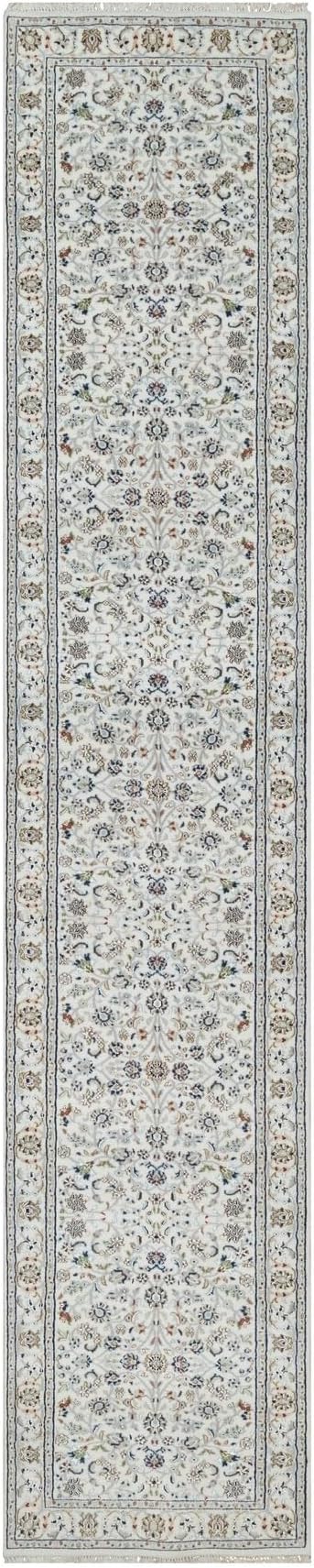 White Wool & Silk Nain with Flower Design Hand Knotted 250 KPSI Runner Rug (2'9"x14')