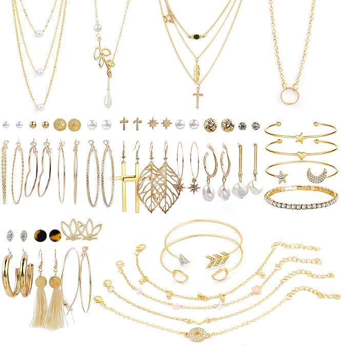 AROIC 38-52PCS Jewelry Set with Necklace Bracelet Layered Ball Dangle Hoop Stud Earrings for Women Jewelry Fashion and Valentine Birthday Party Gift