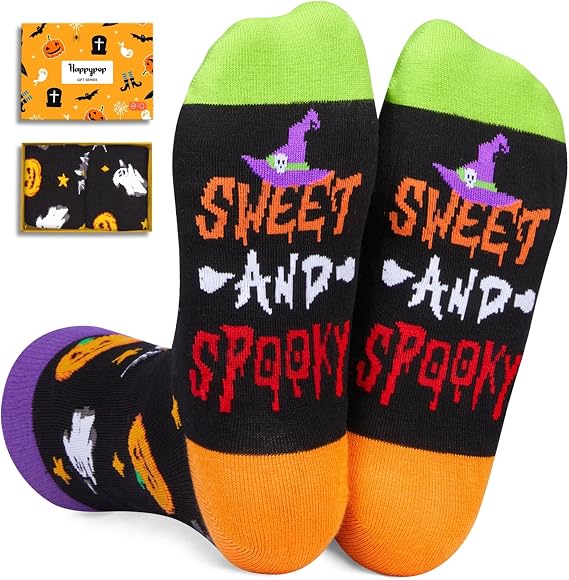 HAPPYPOP Halloween Horror Dino Ghost Socks - Spooky Witchy Pumpkin Gifts Kids Teens Adults