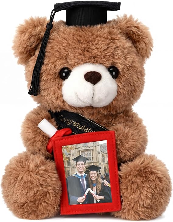 2026 Graduation Bear with Picture Frame Graduation Gift for Her Him for 2.6 x 1.77 Inches Photo Adult 8.27 Inch Stuffed Bear Gift Cute Brown with Cap Sash & Diploma for Congratulation Grad
