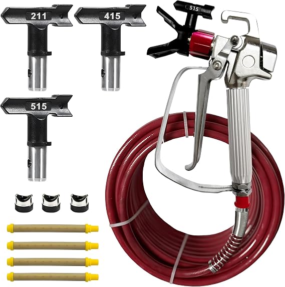 Airless Paint Sprayer Gun,High Pressure 3600 PSI with 50 ft 1/4" Paint Spray Hose,3 x Reversible Spray Tips (211,415,515) and 4 x Spray Gun Filter for Pump Sprayer Parts Accessories
