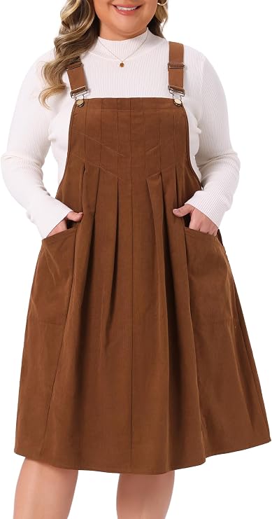 Agnes Orinda Women Plus Size Corduroy Pinafore Overall Dress
