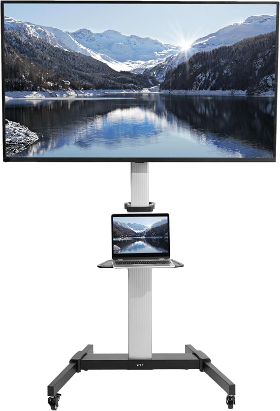 VIVO Black Rolling TV Cart w/Shelf for 32 to 83 inch Screens, STAND-TV09 | Portable Adjustable Mobile TV Stand w/ Wheels & Storage, for Flat and Curved Monitor Panels, Max VESA 600x400, Holds 110 lbs