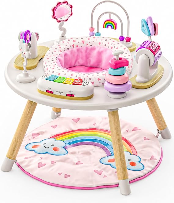 Move2Play 4-in-1 Baby Activity Center | Montessori-Inspired Design | 8 Interactive Toys | Tummy Time, Exersaucer, Jumper | 3-6+ Month Must Have | Baby Essential (Rainbow Mat)
